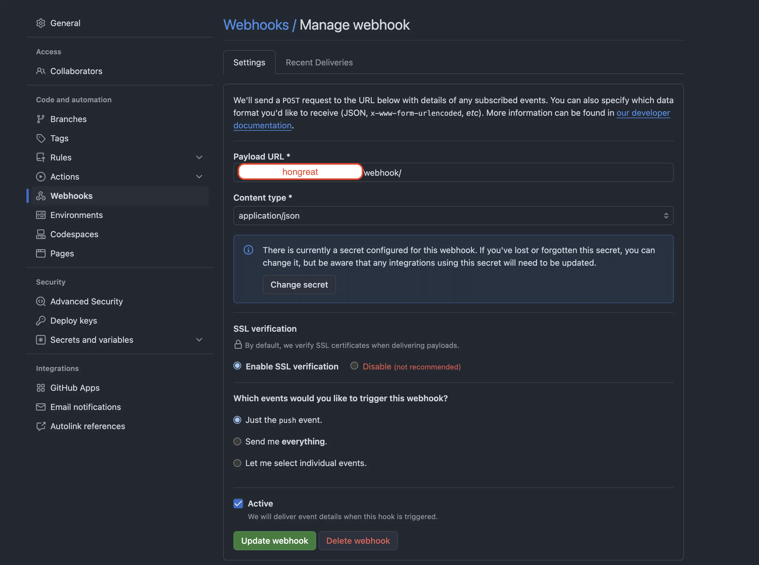 GitHub Webhook 설정 화면